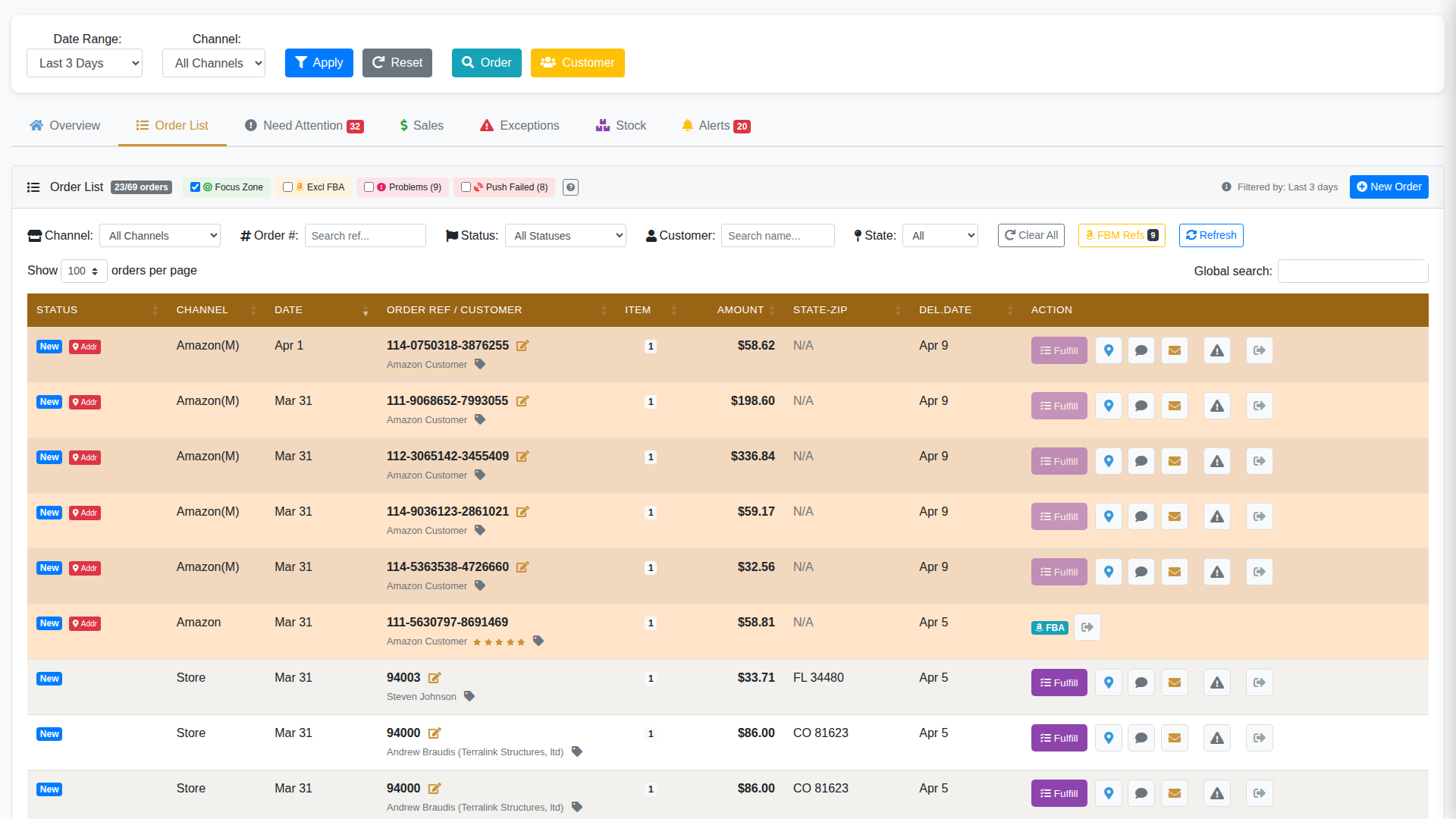 Order list view - multi-channel orders with status, filters, and batch actions