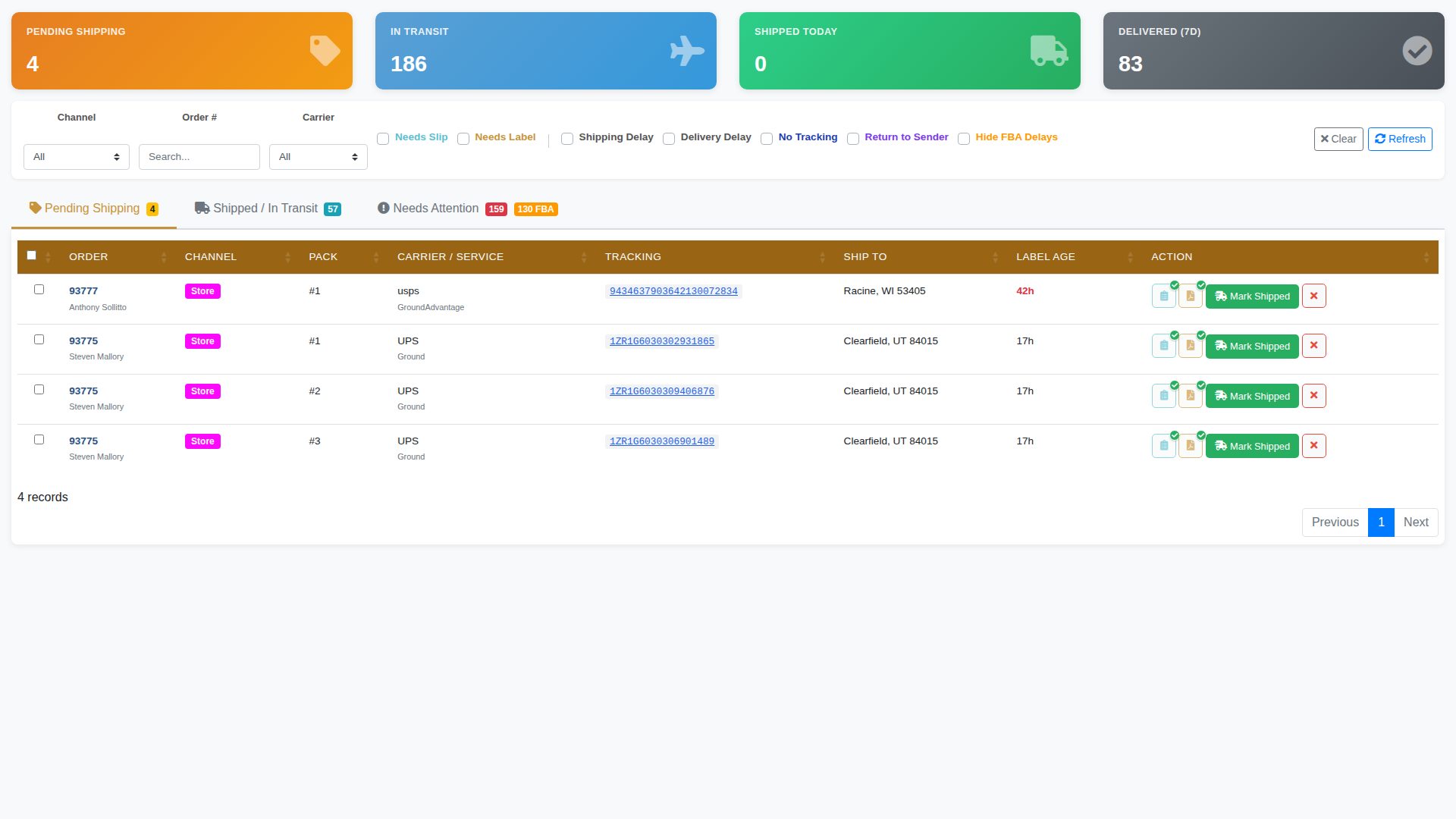 ShipX pending shipping - orders ready for label generation with carrier selection