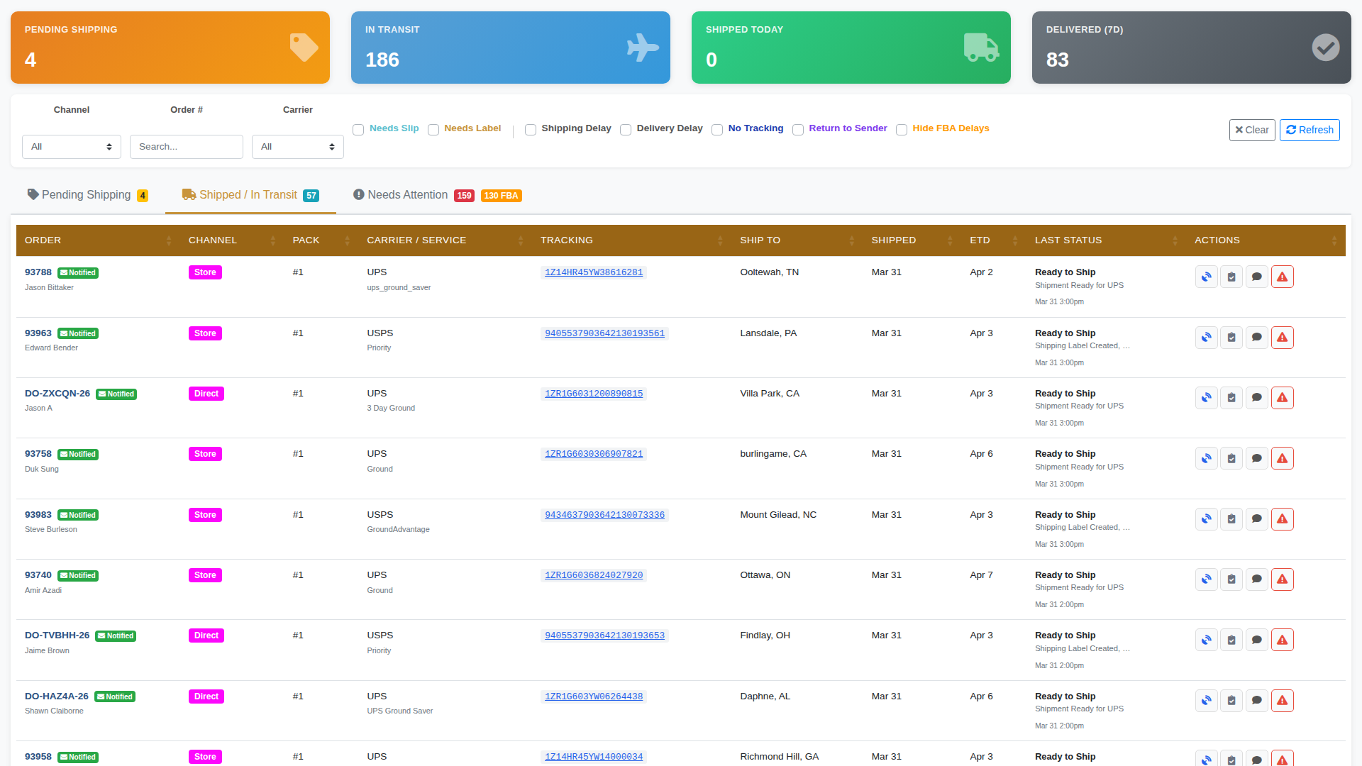 ShipX shipped tracking - live tracking status for all shipments with carrier details