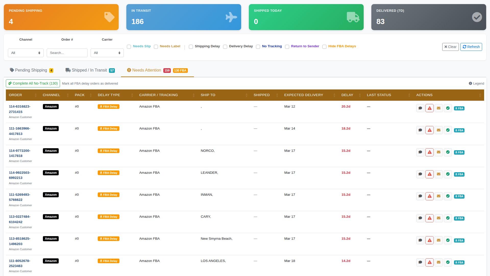 ShipX needs attention - flagged shipping delays and FBA issues requiring action