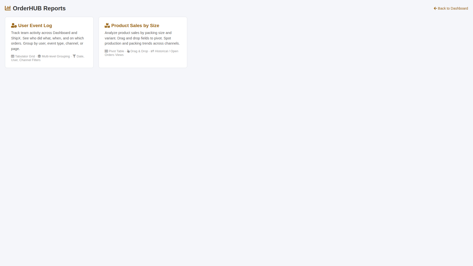 Reports dashboard - User Event Log and Product Sales reports