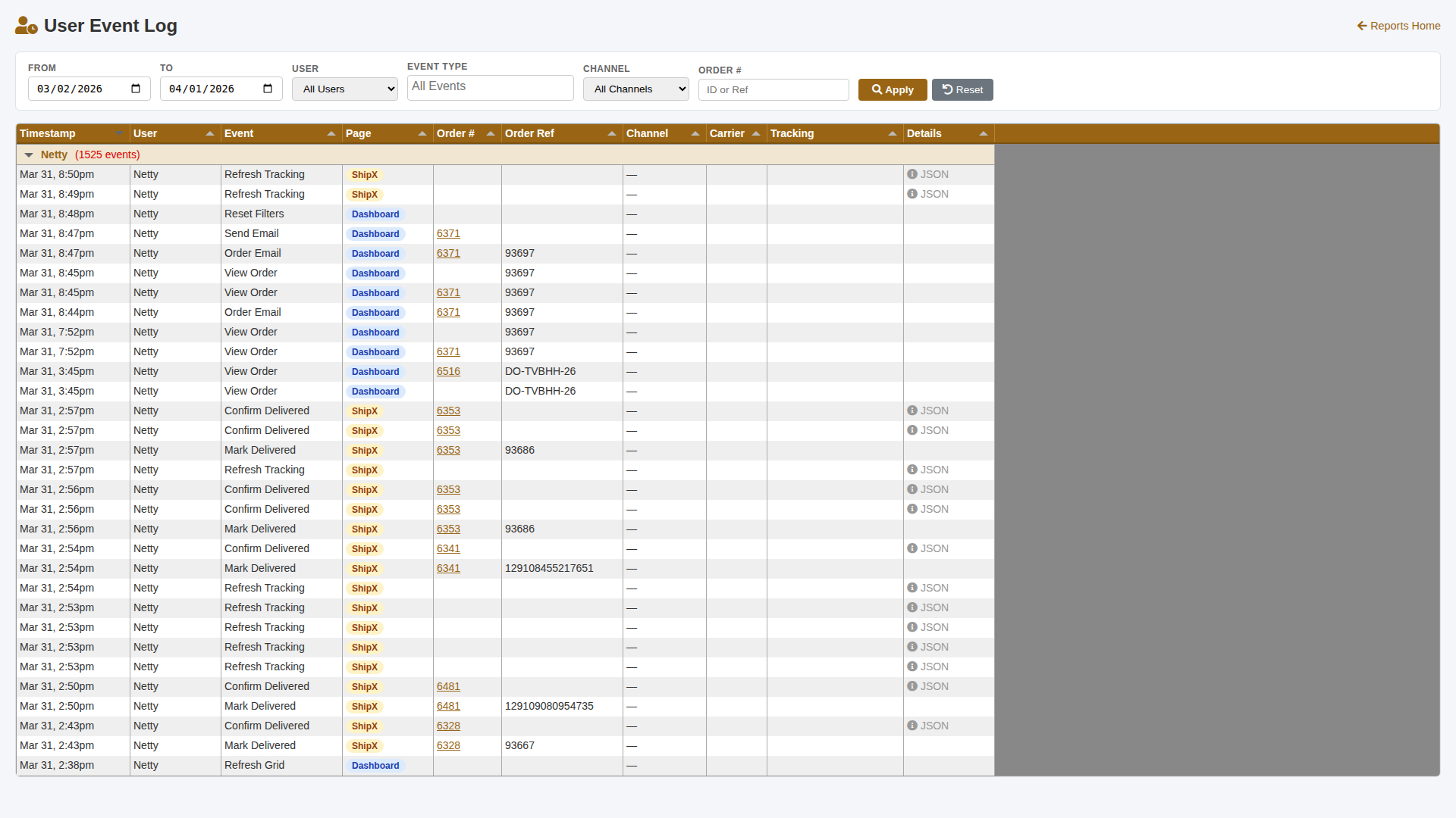 User Event Log - track team activity across Dashboard and ShipX