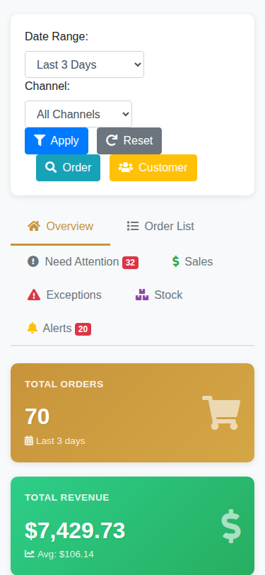 OrderHUBx mobile view - dashboard optimized for smartphones